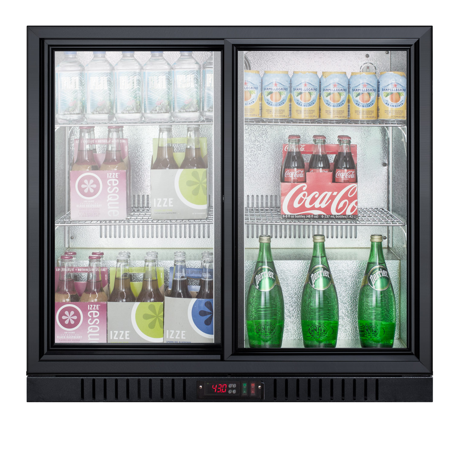 Commercial back bar beverage center for freestanding use designed for the display and refrigeration of beverages and sealed food, with sliding glass doors and black cabinet; replaces SCR700